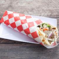Super Gyro Sandwich · Served with extra Lamb & Beef,  hummus, Tzatziki, Feta Cheese, lettuce, cucumber, cabbage, t...
