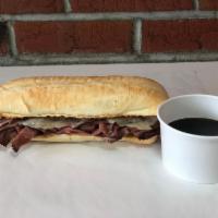 Large French Dip Sub Sandwich · Lean Roast Beef sliced thin, provolone cheese and steaming Au Jus.
