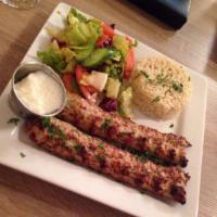 Chicken Kofta Kebab Entree · Finely ground chicken with chopped onions and parsley, seasoned with a blend of spices and g...