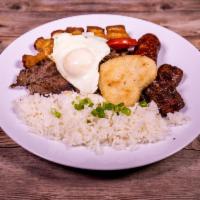 Bandeja Paisa · Served with beef steak, rice, beans, fried sweet plantains, deep fried pork rind, one fried ...