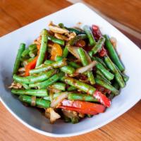 Pad Prik King · Thai curry stir fried green bean, onion and red bell pepper.