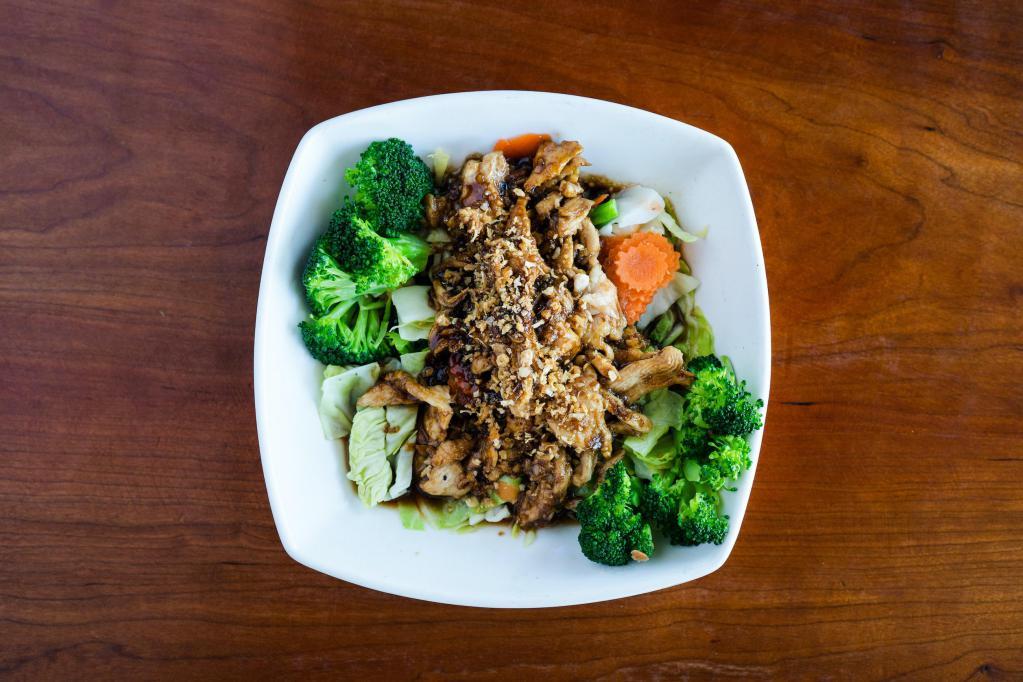 Garlic and Pepper · Choice of protein, in garlic sauce over steamed broccoli, cabbage and carrot.