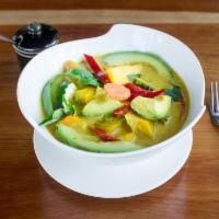 3 Colors Curry · A combination of mango, pumpkin and avocado in yellow curry, red bell pepper and basil.