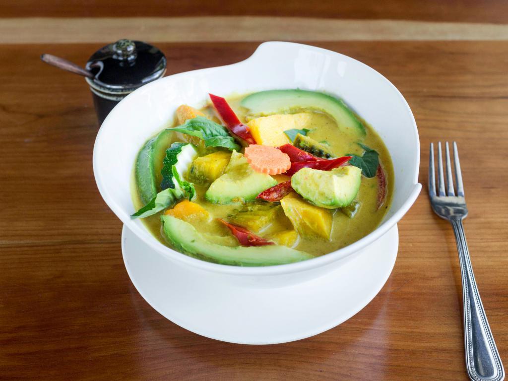 3 Colors Curry · A combination of mango, pumpkin and avocado in yellow curry, red bell pepper and basil.