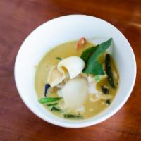 Coconut Meat Curry · Fresh young coconut meat, eggplant, red bell pepper, green bean, basil in a classic green cu...
