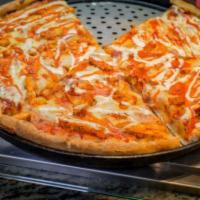 Buffalo Pizza · Bleu cheese sauce, Buffalo chicken, fresh red onion, roasted red peppers and mozzarella chee...