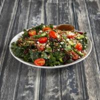 Kale and Quinoa Salad · Tuscan kale, tomato, cucumber, goat cheese and dry cranberry.
