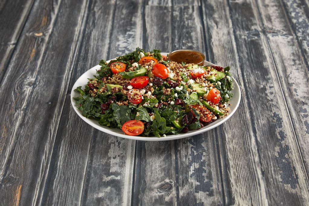 Kale and Quinoa Salad · Tuscan kale, tomato, cucumber, goat cheese and dry cranberry.