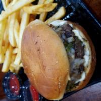 Bistro Burger · 100% beef 1/3 lb patty with caramelized onions, swiss cheese,  chimichurri and garlic aioli ...