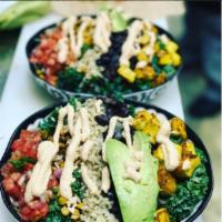 Warm Tex-Mex Bowl (Gluten Free) ( Lunch) · Brown rice, refried black beans, chili roasted corn, spicy roasted tofu, kale, avocado, pico...