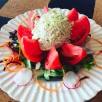 JKO Salad (Gluten Free) Lunch · Stuffed tomato with white beans “tuna” salad, over a bed of mixed green. With balsamic dress...