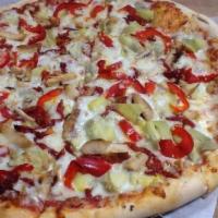 Gourmet Garden Chicken Pizza · Grilled chicken breast, artichoke heart, sun-dried tomatoes, roasted red pepper and garlic.