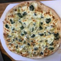 White Pizza · Bianca. Mozzarella, ricotta, Romano and Parmesan cheese with spinach and fresh garlic.