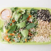 Vegan Greens and Grains Thai Dragon Bowl · Organic mixed greens, organic kale, organic arugula, organic mint, organic clover sprouts, o...