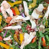 New! Chicken, Arugula & Strawberry Salad · VEGAN OPTION AVAILABLE! A tasty salad made with organic arugula, choice of chicken, organic ...