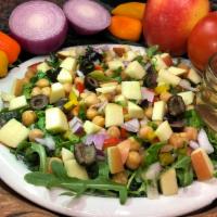 Vegan Chickpea & Arugula Salad · Gluten-Free. Organic arugula, organic kale, organic garbanzo beans, bell peppers, organic cu...