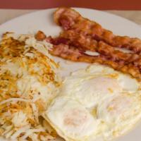Traditional 3 Egg Breakfast · Three eggs and choice of bacon, sausage, smoked ham, turkey sausage, beef patty or Italian s...