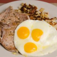 Pork Chops & Eggs · Two 6 oz. center cut pork chops with 3 eggs. Served with hash browns or seasoned country pot...
