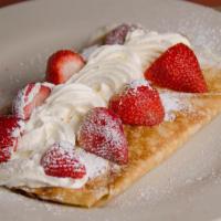 Lulu's Crepes · 2 house made crepes, our cottage cheese and cream cheese filling and topped with strawberrie...