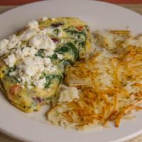 Mediterranean Omelette · Fresh spinach, kalamata olives, tomato and feta cheese. Served with seasoned country potatoe...