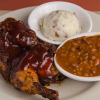 Slow Smoked Half Chicken · Dry rubbed all-natural chicken, smoked in low heat over oak fire then finished in our charbr...