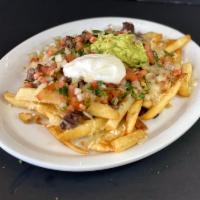 Carne Asada fries  · French fries topped with your choice of meat,guacamole,sour cream and pico de gallo