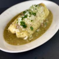 Wet Chile Verde Burrito · Filled with rice, beans, salsa, guacamole, cheese, sour cream and chile verde. Then its topp...