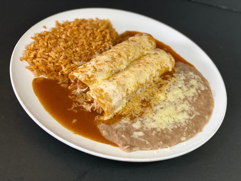 Two enchiladas  · Two enchilada served with beans and rice .