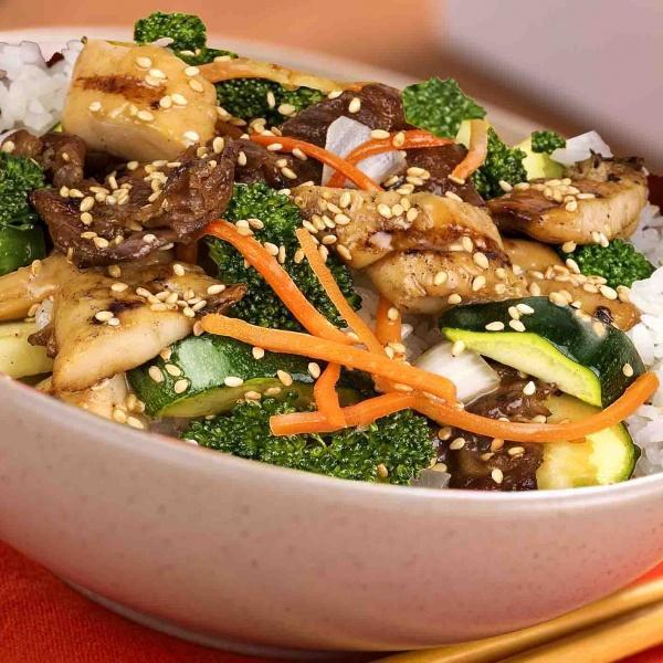 Happi Rice Bowl · Choice of beef, pork, chicken, combo, tofu or veggie.