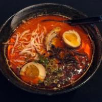 Red Tonkotsu Ramen · Spicy seasoning adds sweet, savory, richness to the broth. Bean sprout added.