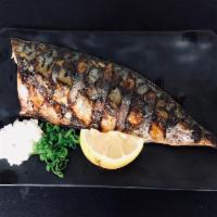 Saba Shioyaki · Grilled mackerel, habanero sea salt, green onion, grated radish and lemon.