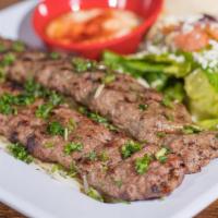 28. Ground Beef Kabob Platter · 2 skewers of seasoned ground beef mixed with onions, herbs and spices, charbroiled and cooke...