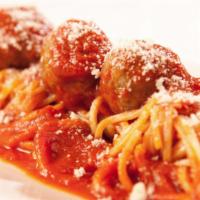 Spaghettoni and Meatballs · Thick spaghetti, homemade Angus beef meat balls, san marzano tomato sauce