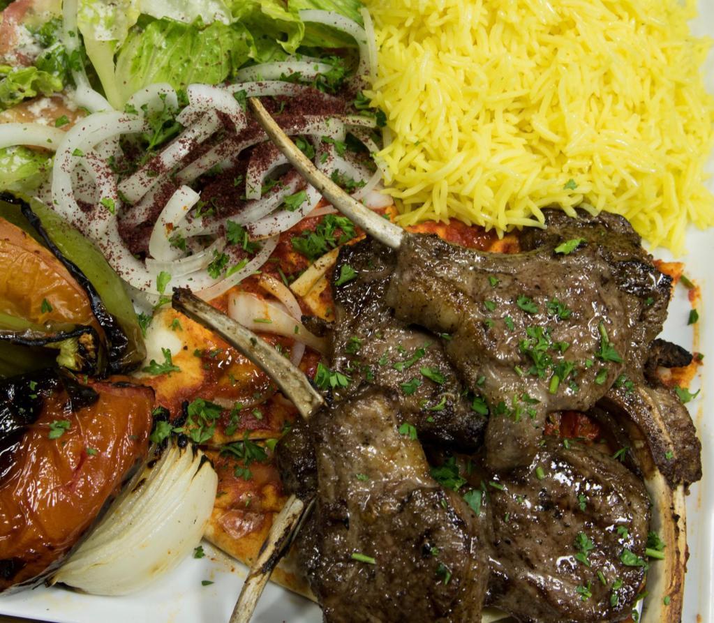 Lamb Chop Entree · Lamb chops marinated with Mediterranean spices served with hummus.