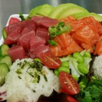 Three Protein Scoops - Medium Poke Bowl · Hawaiian salad / Sushi rice made typically from cubed pieces of raw seafood (such as tuna) m...
