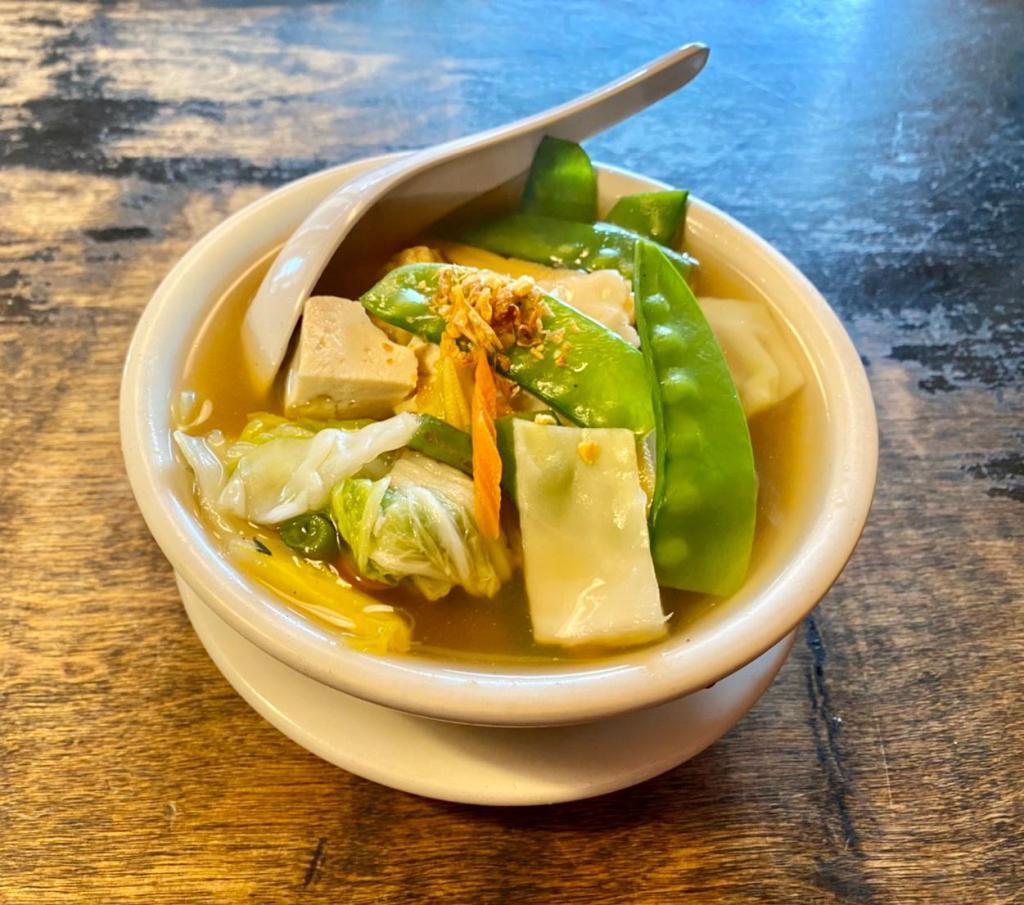 Woon Sen Soup · Clear noodle soup with tofu and vegetables.