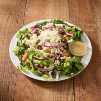 Greek Salad · Romaine lettuce, red onions, garbanzo beans, tomatoes, Kalamata olives, cucumbers and green ...