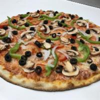 Traditional Vegetarian Pizza · Olives, onions, tomatoes, mushrooms and bell peppers. Vegetarian.