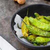 Pimientos de Padrón · Blistered shishito peppers, coarse sea salt