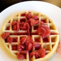 Chicken and Belgian Wheat Waffle served with strawberry topping. · Fluffy Belgian Wheat Protein Waffle served with Strawberry Topping with 5 of our delicious c...