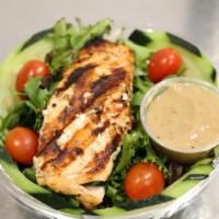Balsamic Salmon Salad · Grilled salmon filet, mixed greens, tomatoes, cucumbers, & creamy balsamic.