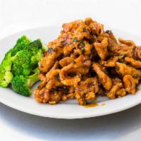 Hunan Chicken Special · White meat chicken golden-fried then sauteed in our tangy, spicy Hunan sauce. Served with ri...