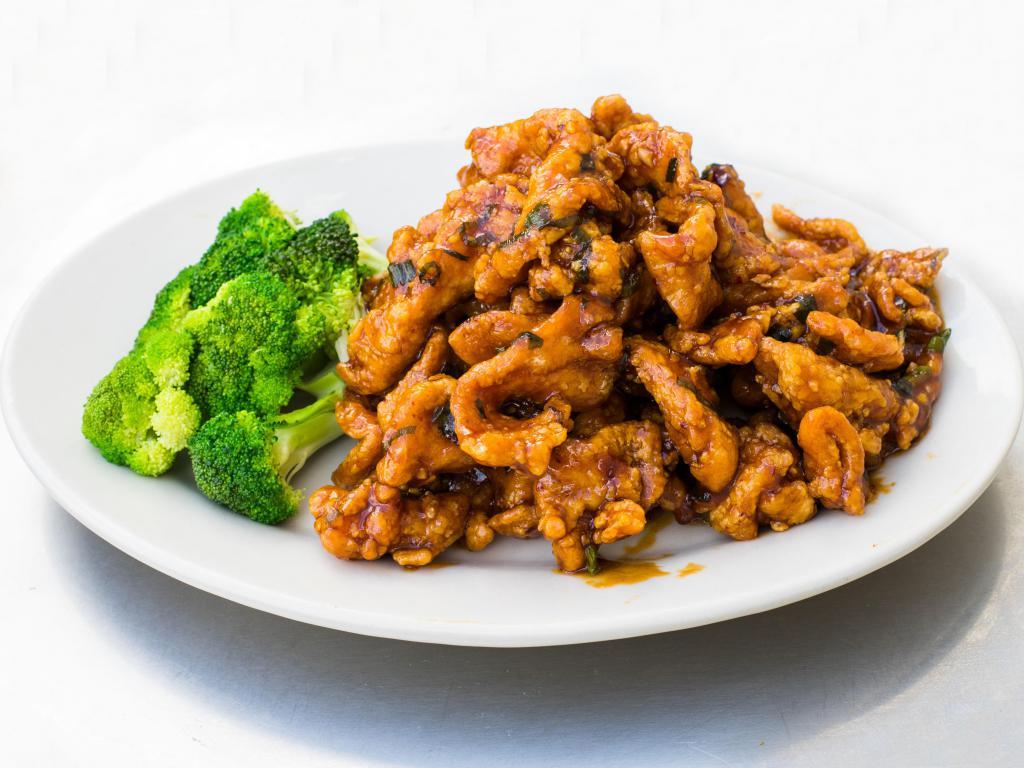 Hunan Chicken Special · White meat chicken golden-fried then sauteed in our tangy, spicy Hunan sauce. Served with rice (+$1 for brown rice). Spicy.