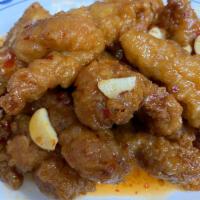 General Cho's Chicken · Fried chicken nuggets in hot garlic sweet and sour sauce. Spicy.