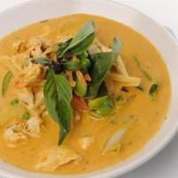 Red Curry · Thai spices blended in red curry paste and coconut milk with eggplant, bell peppers, bamboo ...