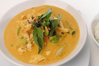 Red Curry · Thai spices blended in red curry paste and coconut milk with eggplant, bell peppers, bamboo shoots, string beans and fresh basil.