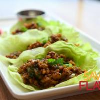 Chicken Lettuce Wrap · Shitake mushroom, water chestnut, scallion, rice stick, cool lettuce and dipping sauce,