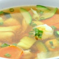 Wor Wonton Soup · Wontons, chicken, shrimp, cabbage, zucchini and carrots.