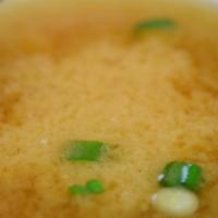 Miso Soup · Miso Soup is a traditional Japanese soup made from fermented soybeans, Tofu and wakame seaweed