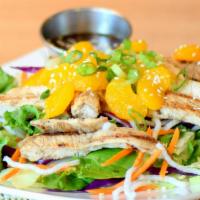 Asian Grilled Chicken Salad · Grilled chicken, iceberg lettuce, carrots, red cabbage, mandarin orange, crunchy noodle and ...